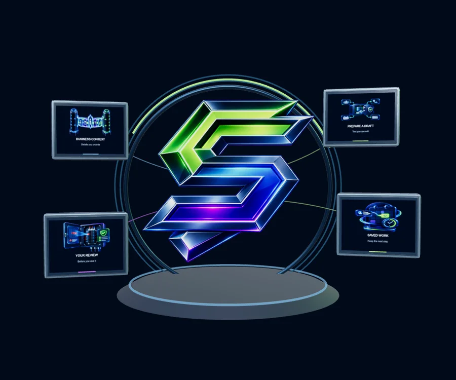 The official SoloMatic symbol in a dimensional network of business context, drafting, review and saved work